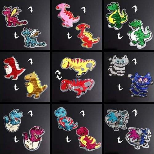 Big Dinosaur Patches Reversible Change Color Sequin 3D Sticker Stickers Embroidery Motif Applique Garment Kids DIY Clothes Badge