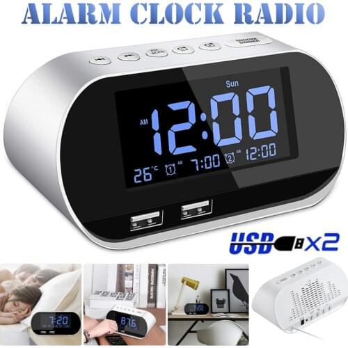Alarm Clock Radio Fm With Sleep Timer Dual Usb Port Charging, Digital Display With Dimming Adjustable Volume (white)