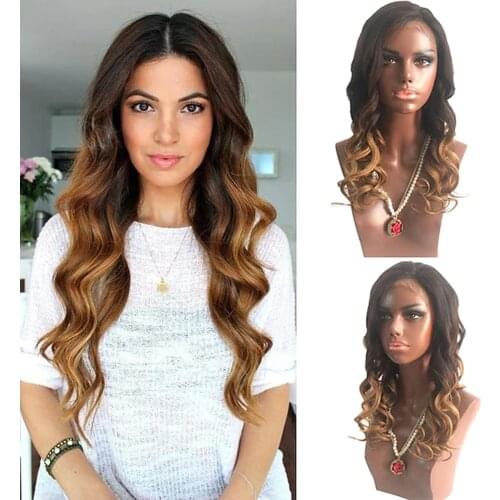 Human Hair Glueless Lace Front Wig Layered Haircut With Bangs Kardashian style Brazilian Hair Body Wave Ombre Wigs