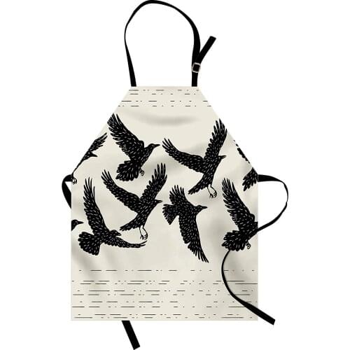 Raven Apron Flying Black Birds Ink Style Wild Animals on Off White Background Kitchen Bib Apron Cooking Baking Gardening