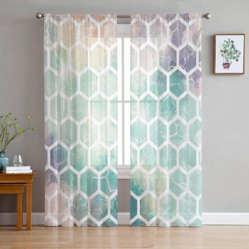 Geometric Hexagonal Cyan Marble Sheer Curtains for Living Room Bedroom Kitchen Chiffon Tulle Curtains Home Hotel Coffee Decor