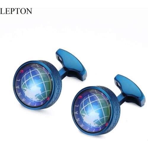 Hot Globe Earth Cufflinks Blue Color Lepton Stainless Steel Rotatable Globe Planet Earth World Map Cuff Links For Mens With Box