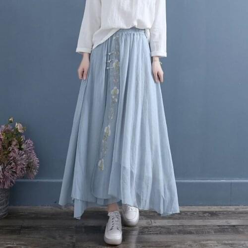 Cotton Linen Midi Skirt Women Spring Summer Elastic Waist Vintage Solid Pleated Long Skirts Girl Boho Beach Skirt aq1073