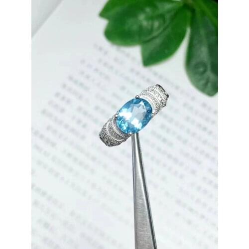 Natural blue topaz ring Free shipping Natural real blue topaz 925 sterling silver Fine jewelry 7*9mm