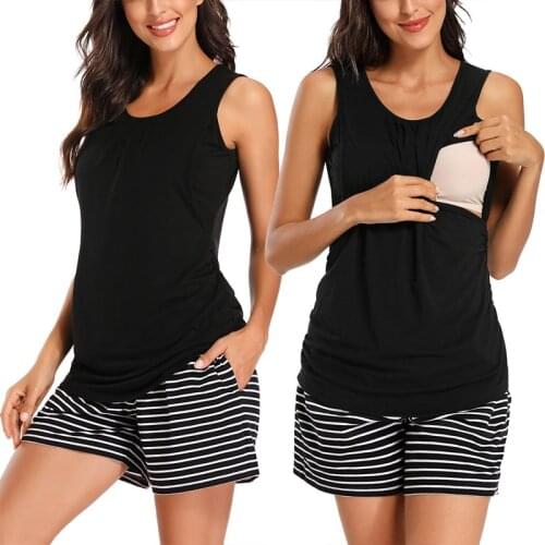 2-Piece set Womens Pregnancy Maternity Sleep & Lounge Sleeveless Breastfeeding Tank Tops Striped Maternity Clothes