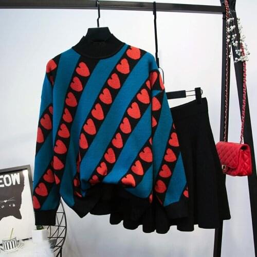 2 piece sets womens outfits autumn and winter new womens fashion love long-sleeved sweater sweater pleated skirt suit