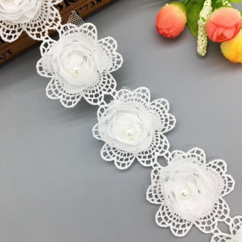 1 Yard White 5.5CM Pearl Beaded Flower Wedding Lace Trim Knitting Embroidered Handmade Patchwork Ribbon Sewing Supplies Craft