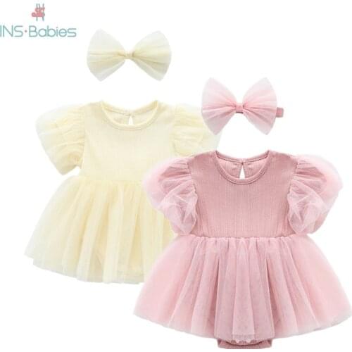 Summer 2021 New Baby Bodysuit Girl Dress Newborn Babies Clothing Princess Style Short Sleeve Full Moon Clothes With Bow Hairband