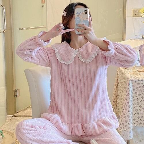 Cute Winter Flannel Pajamas Women Sleepwear Thick Warm Students Add Velvet Home Wear Coral Fleece Night Set Pijama Feminino
