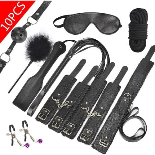 Sex Toys For Couples 10Pcs Set PU Leather BDSM Bondage Collar Nipple Clamp Erotic Handcuffs Mouth Gag Whip Rope Slave SM Product