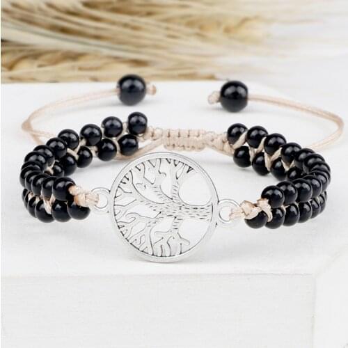 Natural Stones Wrap Bracelets Hot Life Tree 4mm Black Obsidian Braid String Beaded Bracelet Men Adjustable Bangles Yoga Jewelry
