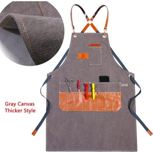 New Baker Barista Restaurant Canvas Work Blouse Strap Denim Apron Korean Flower Art Hairdresser Multi-Pocket Tools Bib Washable