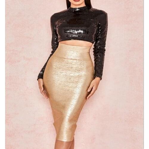 New Elegant Spring Autumn Bandage Dress Women Bodycon Dress Vestido Black Sequin Gold Stamp Evening Club Pencil Dresses 2 Pieces