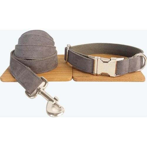 Customized Dog Collar Engraved Puppy ID Tag Leash Collar Set Adjustable Outdoor Solid Canvas Pet Collar Leash THE DEEP GRAY