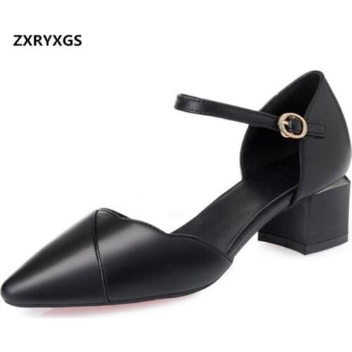 2019 Newest Summer Pointed Genuine Leather Shoes Woman Sandals Fashion Shoes Square Heel Soft Comfort Casual Shoes Women Sandals