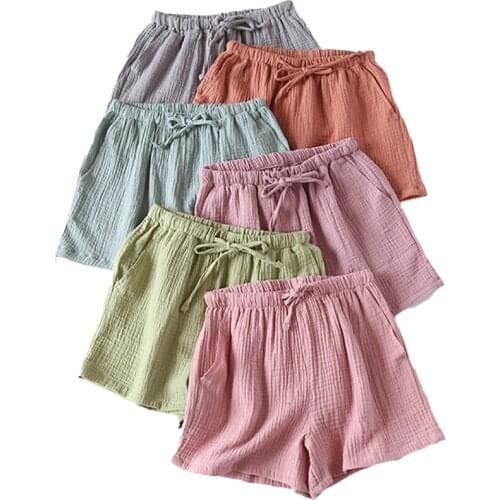 Summer Women 100% Gauze Cotton Sleep Bottom Solid Color Elastic Waist Shorts With Side Pockets Ladies Comfort Loose Beach Pants