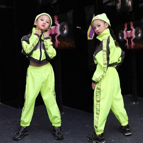 Street Dance Suit Girls Hip Hop Handsome Fluorescence Loose Jazz Dance Costumes ChildrenS Hip-Hop Clothing 120-160 Cm DL4937