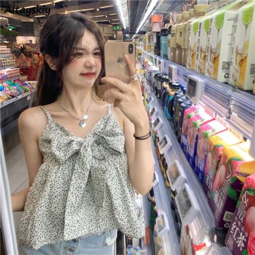 Camisole Women Bow Elegant All-match Loose Leisure Fashion Cropped Summer Floral Korean Style Sweet Female Sleeveless Vintage