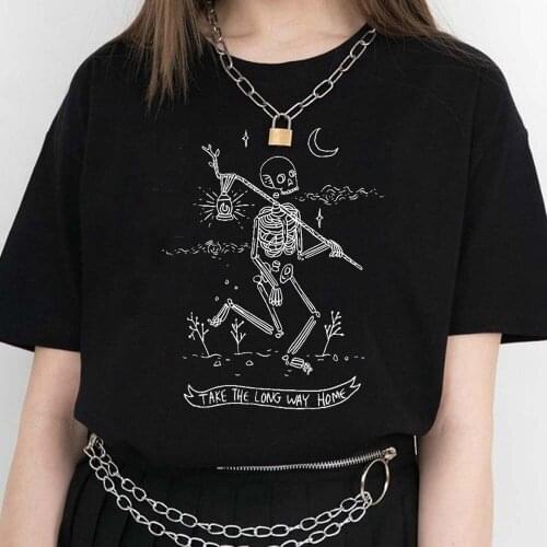 Women T Shirt Skeleton Hold The Lamp Letter Printed Top Tee Tumblr Grunge Aesthetic Hipster Black Tshirt Art Outfiter