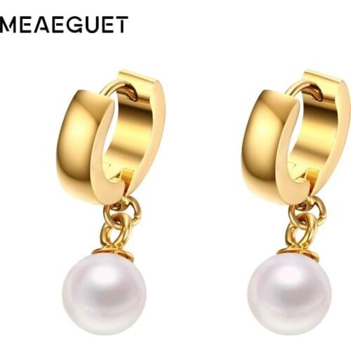 Meaeguet 4mm Stud Earrings For Women 8MM Diameter Simulated Pearls Gold-Color Female Wedding Jewelry