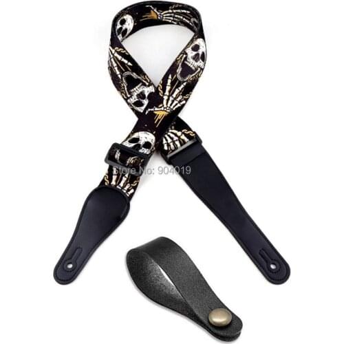 Skull Guitar Strap Polyester Woven + 1 Black Leather Guitar Head Stock Strap Tie