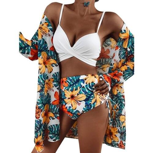 Womens Sexy 3-piece Bikini Swimsuit Staggered Bikini High Waist Bikini Bottoms Bohemian Print Blouse Summer Beach