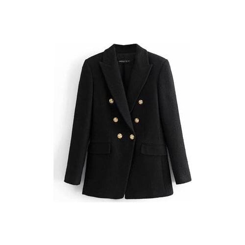 2021 New Women Fashion Office Wear Double Breasted Tweed Blazer Coat Vintage Long Sleeve Pockets Female Outerwear Chic Tops