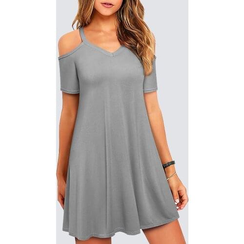 Women Brief Casual Pure Color Short Sleeve Cold Shoulder Flowy Straight Mini Dress HA261