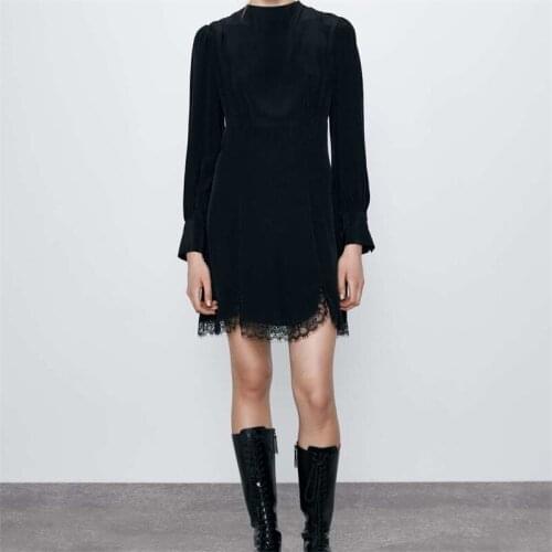 ZXQJ Women 2021 Fashion Chic Ruffled Lace Mini Dress Vintage Long Sleeve Female Dresses Casual Vestidos Mujer