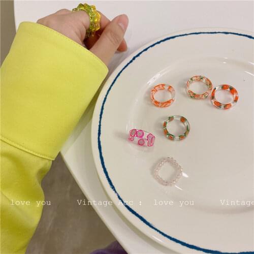 2pcs/set Korean Vintage Aesthetic Acrylic Rings Fruit and Transparent Beaded Ring Set Women Fashion Jewelry Gifts