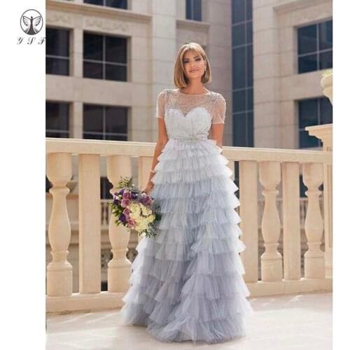 2020 New Arrival O Neck Beaded Stars Short Sleeve Multi-Layers A Line Floor Length Prom Dresses