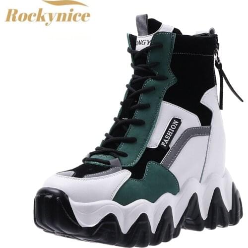 New Autumn Womens Platform Ankle Boots Luxury High Top Casual Sneakers Womens 8cm High Heels Wedges Winter Leather Boots Woman