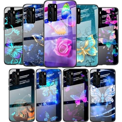Tempered Glass Cover Beautiful butterfly For Huawei P40 P30 P20 P10 Pro Plus Lite 5G 2019 Shockproof Shell Phone Case