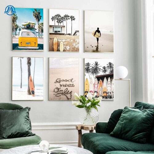 California Surf Art Prints Beach Wall Art Summer Print Sunset Landscape Canvas Painting Surfboard Boho Decor Coastal Posters