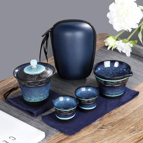 Tea set Ceramic Blue Glaze gaiwan kung fu Tea Set 1 Teapot With 2 Teacups and infuser, Exquisite Design For Tea Services Or Gift