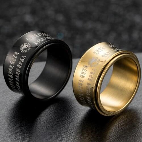 Tai Chi Arc Art Rotating Taoism Anxiety Fidget Ring Spinner Box Men Taoist Mantra Ringen Amulet Black Gold Rings Stainless Steel