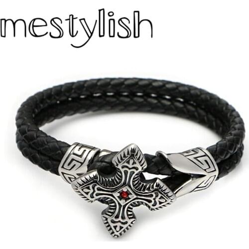 Mestylish Latest 5mm Double Genuine Leather Bracelet Stainless Steel Cross Flower End Clasp Connector Bracelet Jewelry