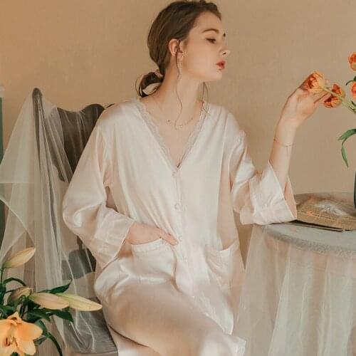 Sexy Nightgown Homewear With Pocket&lace Women Nightwear Sleepwear V-neck Sleep Dresses Princess Spring Satin Home Clothes Robe