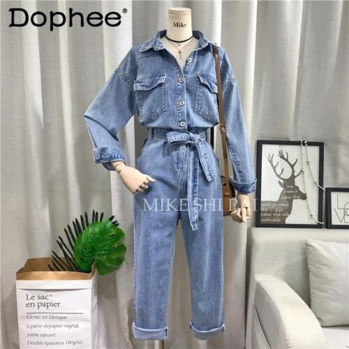 2021 Spring New Korean Fashion Solid Color Loose Waistband Denim Jumpsuit Womens Long-Sleeved College Style Jeans Pants