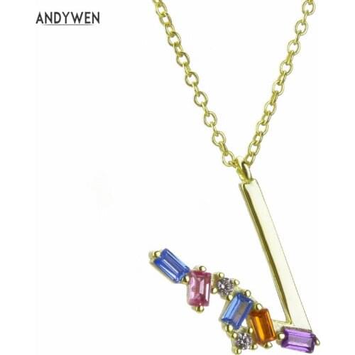 ANDYWEN 925 Sterling Silver Mini Initial V T Letter Necklace Long Chain Alphabet Pendant Crystal CZ Rainbow CZ Zircon Necklace
