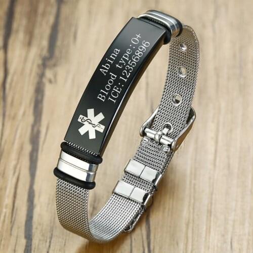 Mesh Bracelet Free Engrave Name Medical Alert ID Stainless Steel Adjustable Bracelets Emergency Reminder Men Jewelry Gift