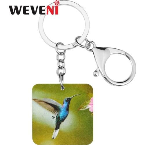 WEVENI Acrylic Square Cute Hummingbird Bird Keychains Big Animal Keyring Jewelry For Women Kids Girls Funny Gift Bag Decoration
