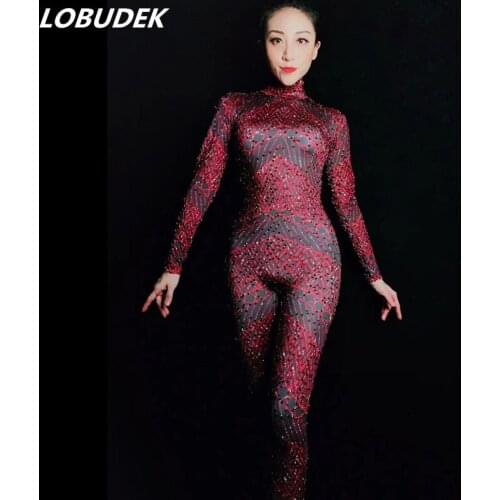 Women Crystals Tights Long Sleeve Red Rhinestones Skinny Jumpsuits Birthday Party Evening Performance Sexy Singer Dance Costume