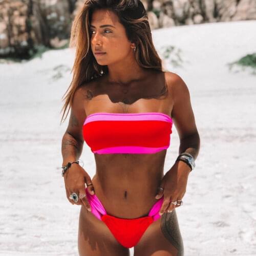 Red Pink Bikini Push Up Swimwear Women Bandeau Top Bikini Set Low Waist Swimming Suit Summer Beachwear Two Piece Swimsuit Plavky