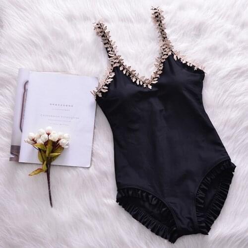 Brand New Golden Leaf Decoration Black Sling Sexy One Pieces Swimwear Women Beach Wear Slender Ladies Summer Pool Bathing Suit