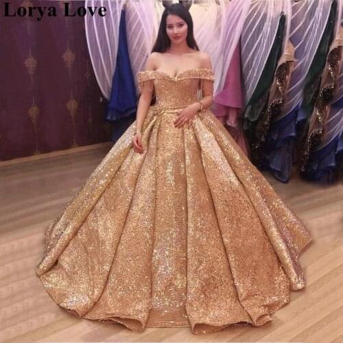 Luxury Ball Gown Sequin Evening Dresses 2020 Women Green Off Shoulder Party Robe De Soiree Champagne Prom Gowns Long Vestidos