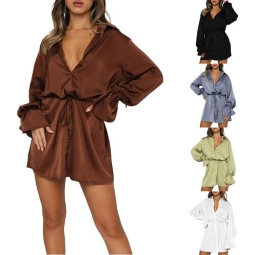 IMCUTE business temperament slim shirt dress womens lapel flared sleeve single-breasted lace-up dress casual long-sleeved shirt