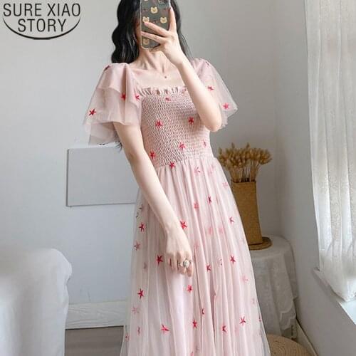 Embroidery Mesh Dresses Sweet Summer Dress Women Ruffle Short Sleeve Square Collar High Waist Pink Midi Long Dress Vestido 10122