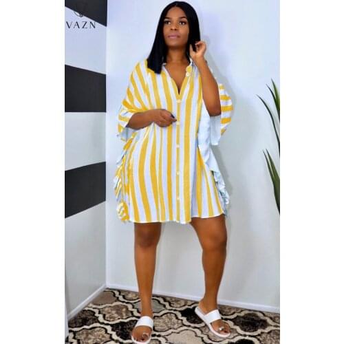 VAZN 2021 Top Quality Young Fresh Striped Office Lady Free Nature Half Sleeve Women Chiffon Shirt Straight Midi Dress