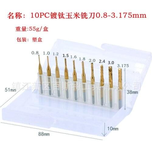 10pc Ti-plating 0.8-3.175 mm Diameter 3.175mm shank CNC End Mill Cutter Mini PCB Carbide Router Bits Kit Set For Milling Tools